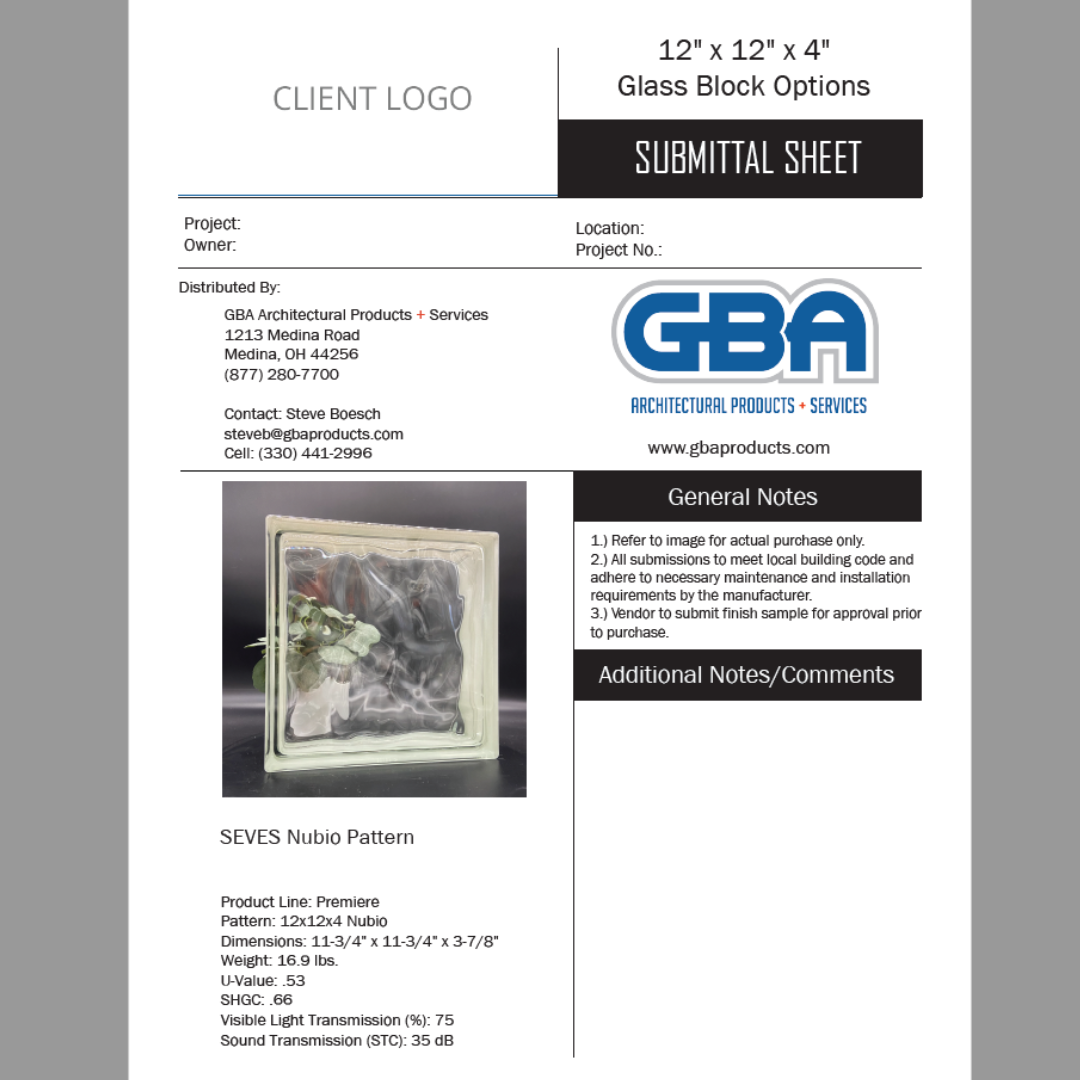 12 x 12 x 4 glass block submittal sheet